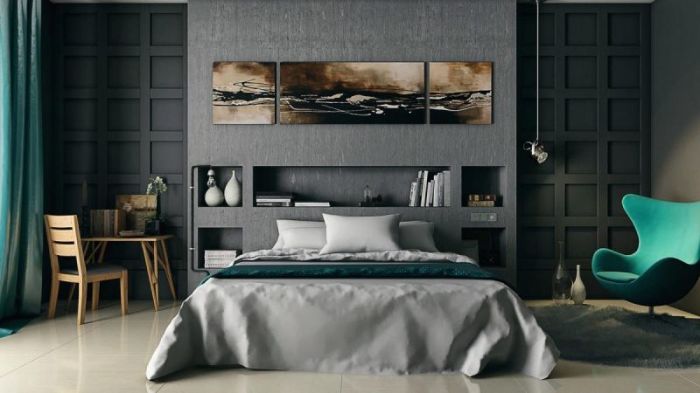 Современная спальня. выполненная в серых тонах с элементами бирюзового цвета.