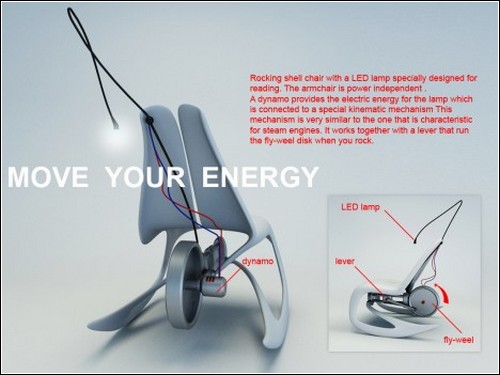 Кресло-качалка генерирует электроэнергию для светодиодной лампы.