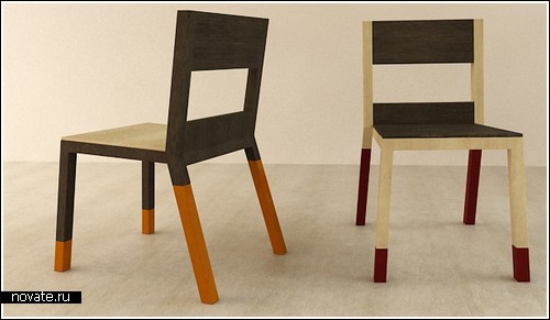 Разноцветные стулья из разных материалов