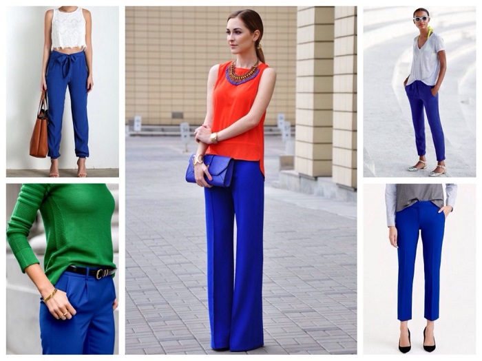 Синие брюки прекрасно сочетаются с зеленым или красным топом