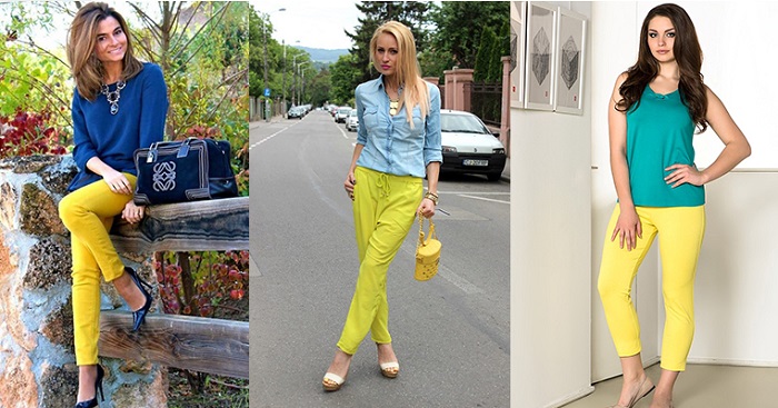 Желтые брюки сочетаются с синим или зеленым верхом