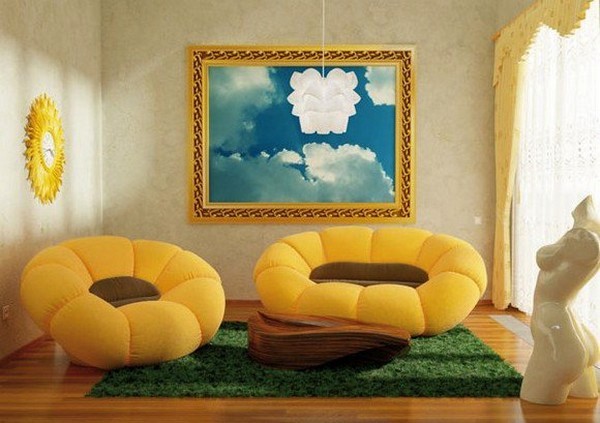 Flora, золотистые диванчики в виде цветов-подсолнухов 