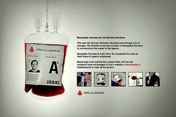 Молодое вино в пакетах для донорской крови. Необычная упаковка от студии Astos Dizainas McCann Erickson