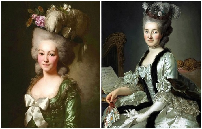 Слева - Мария Антуанетта с модной высокой прической