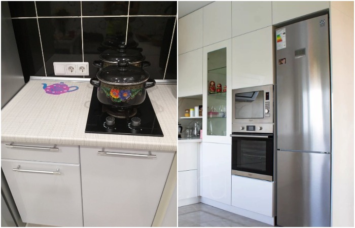 Маленькая плита и встроенный холодильник с духовкой