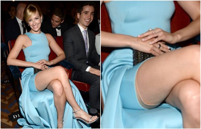 Актриса Бет Берс в голубом платье, под которым скрывается корректирующее боди.