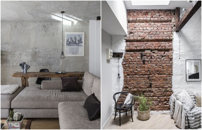Пример бетонной и кирпичной стены в интерьере
