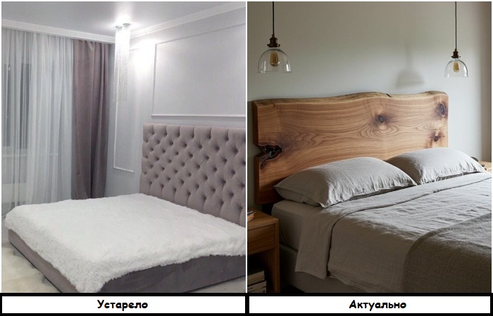 Деревянное изголовье добавляет изюминку в интерьер