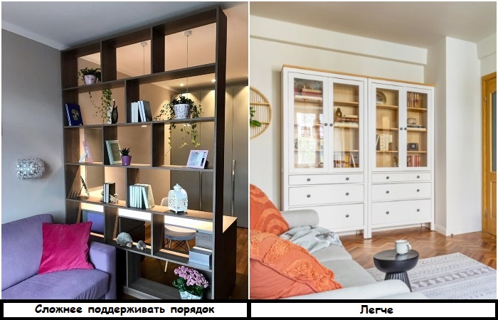 Вместо открытых стеллажей выбирайте шкафы со стеклянными дверцами