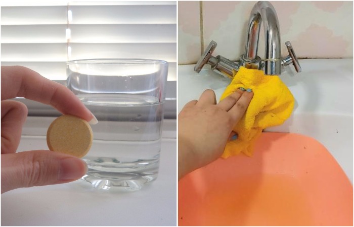 Растворите таблетку в стакане с водой и помойте смеситель