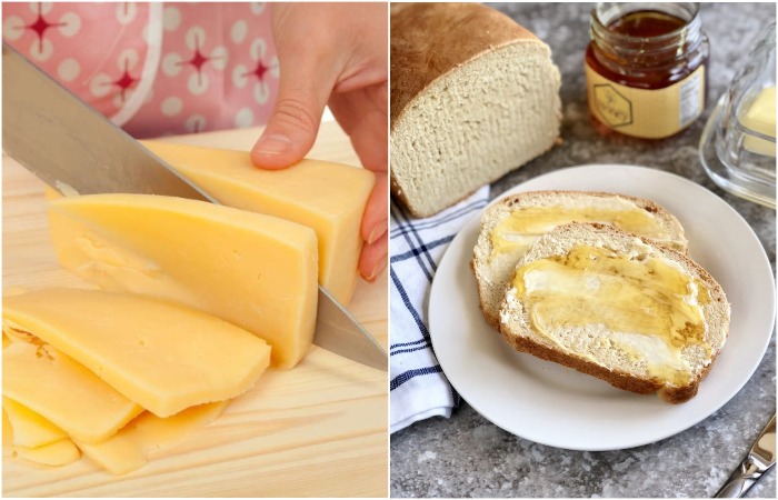 Сделайте бутерброд с сыром, медом и сливочным маслом