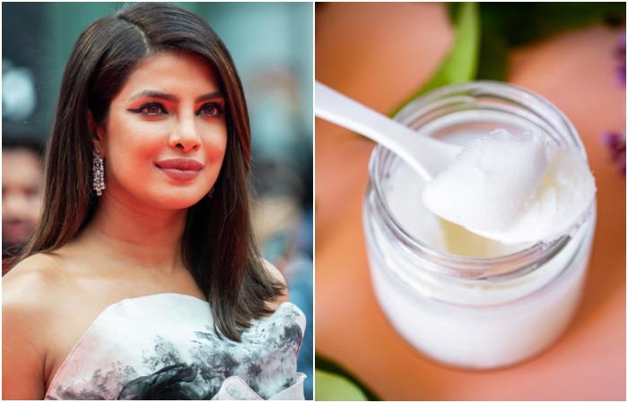 Приянка наносит кокосовое масло на кожу головы