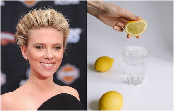 Скарлетт протирает лицо водой с лимоном Скарлетт протирает лицо водой с лимоном