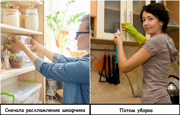Сначала нужно перебрать содержимое шкафчиков, а потом уже вытирать их. / Фото: nn.ru