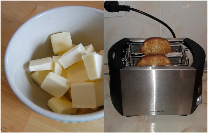Миску с маслом нужно поставить сверху на тостер, чтобы растопить