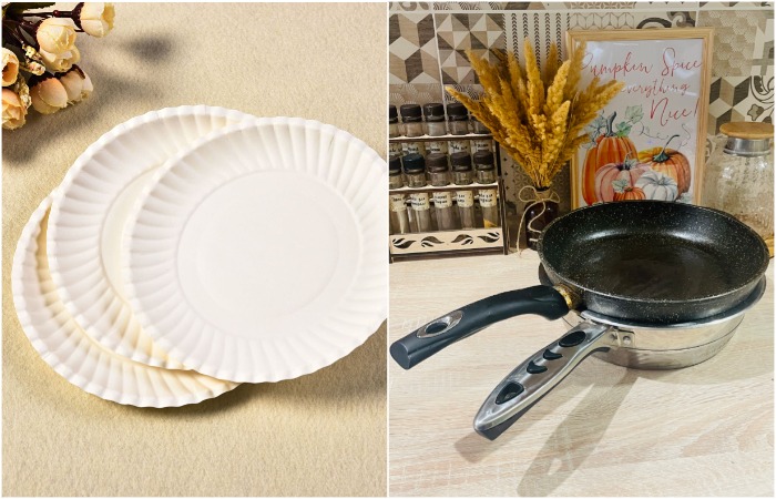 Кладите между сковородками бумажные тарелки. / Фото: Novate.ru