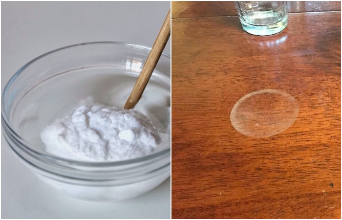 Кашица из соли и воды устраняет следы от бутылок и стаканов на столе