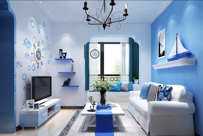 Голубой и синий текстиль отличное решение для светлого интерьера. / Фото: goodfon.ru