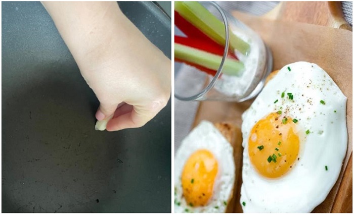 Натрите сковороду чесноком и вбейте яйцо