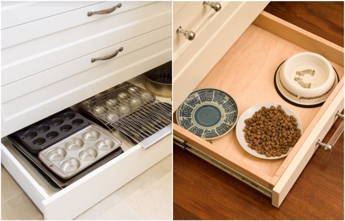 В цокольном ящике можно хранить посуду или миску домашнего питомца