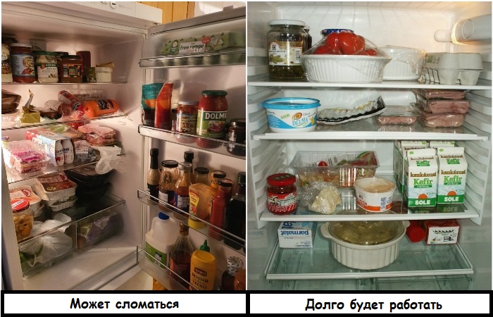 Нельзя переполнять холодильник продуктами