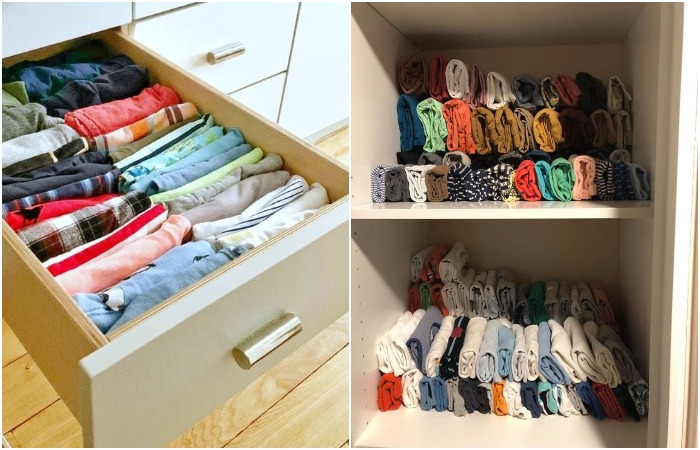 Складывайте одежду стопками или рулонами Складывайте одежду стопками или рулонами