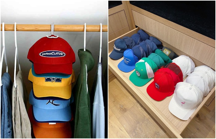 Кепки можно повесить на вешалку или разместить в ящике Кепки можно повесить на вешалку или разместить в ящике