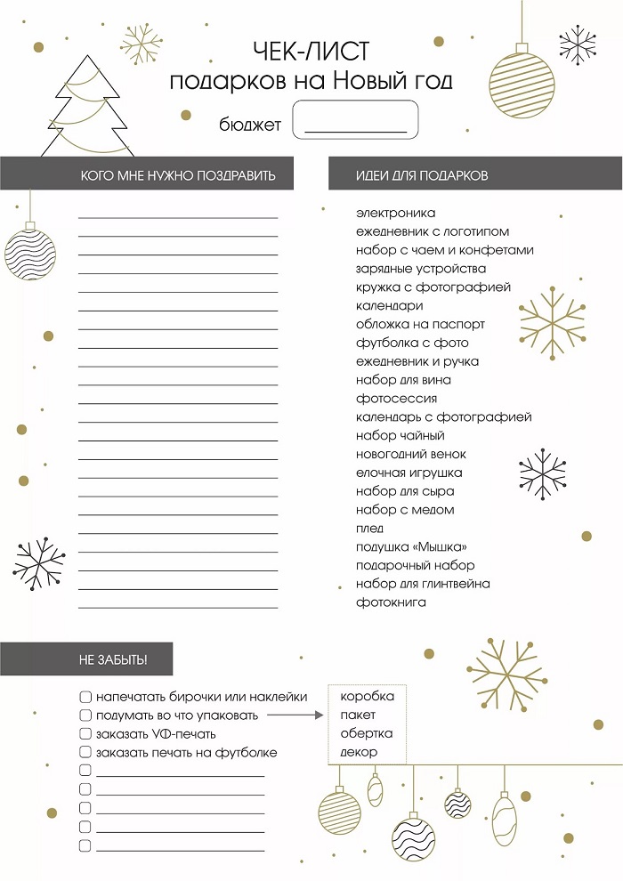 Пример чек-листа новогодних подарков