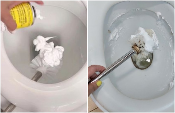 Нанесите пену на ершик и почистите унитаз