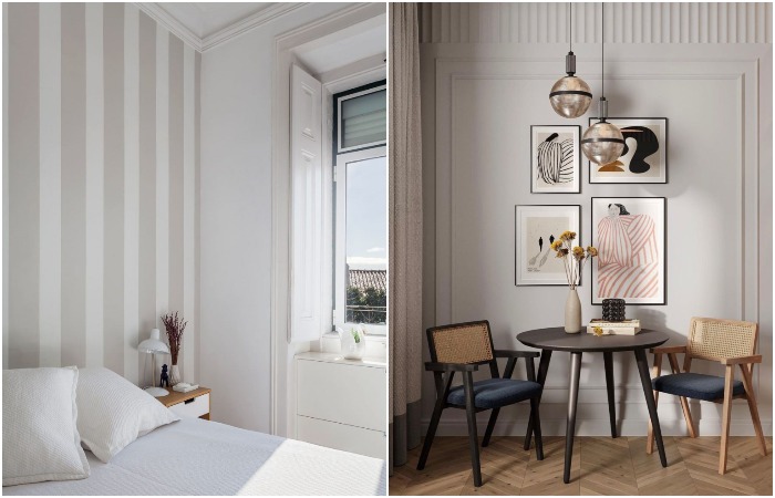 Используйте обои с вертикальными полосами и картины, развешенные друг над другом