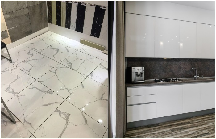 Уложите на пол глянцевую плитку, а на кухне установите глянцевый гарнитур