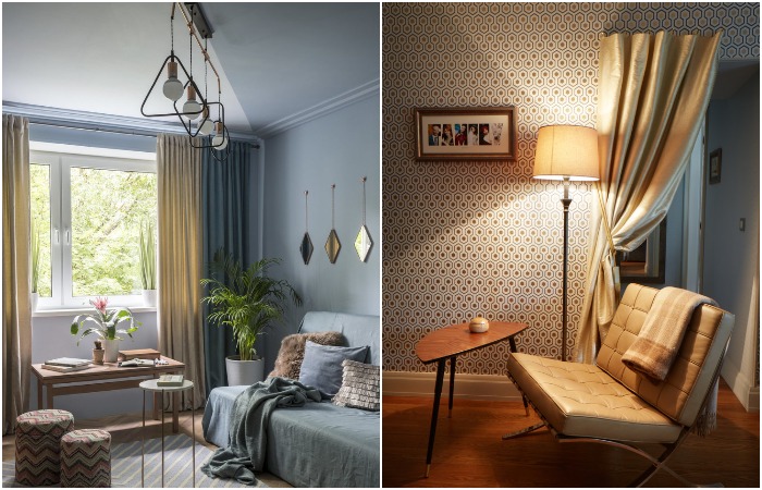 Торшер и шторы – примеры вертикалей в интерьере