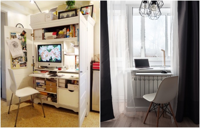 Спрячьте рабочее место в шкаф или сделайте стол под подоконником Спрячьте рабочее место в шкаф или сделайте стол под подоконником