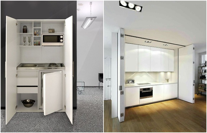 Кухню можно встроить в шкаф или спрятать за раздвижными дверьми Кухню можно встроить в шкаф или спрятать за раздвижными дверьми