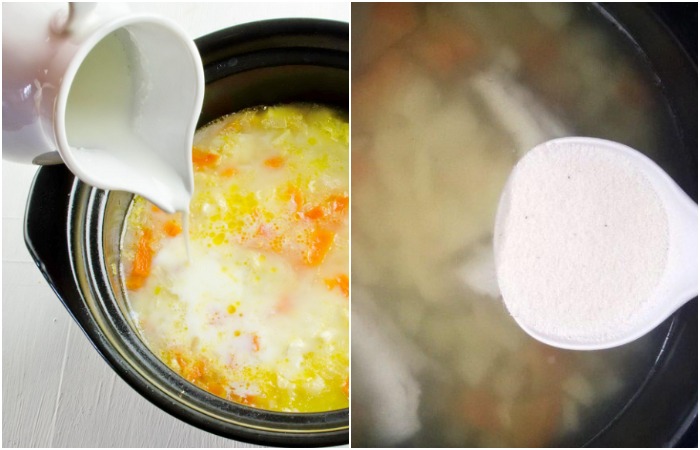 Добавьте молоко и манную крупу