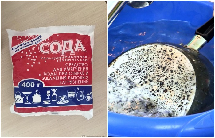 Замочите сковороду с наклейкой в растворе соды