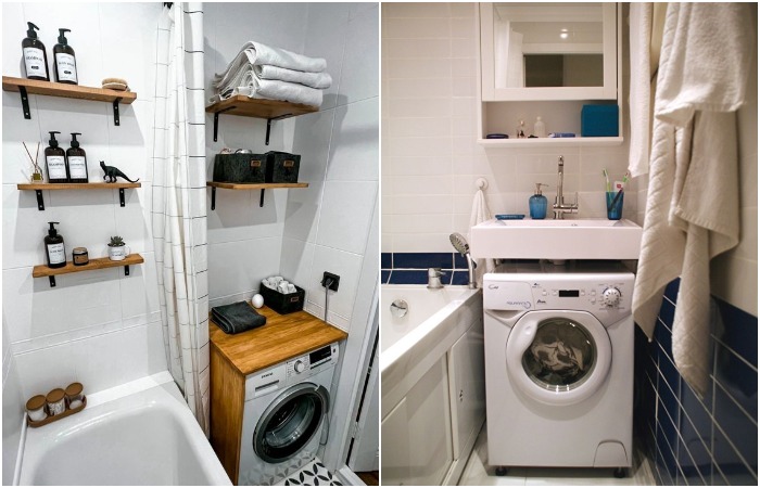 Стиральную машину можно спрятать под раковину или накрыть полкой
