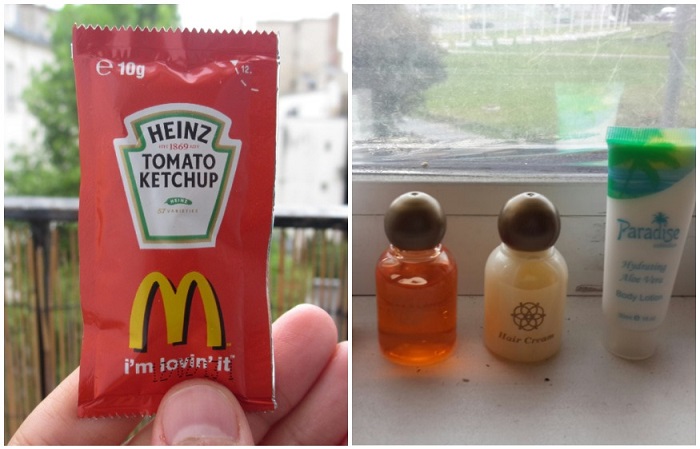 Миниатюры шампуня и маленький пакетик кетчупа из Макдональдса