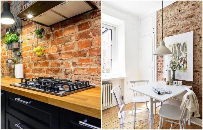 Используйте кирпич вместо фартука или в обеденной зоне