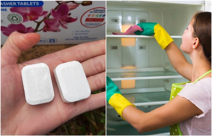Таблетки для посудомойки можно использовать как для чистки холодильника, так и для устранения запаха