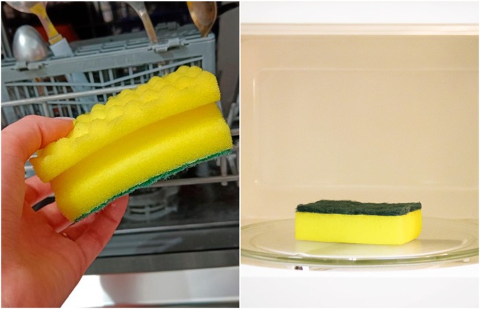 Губки можно дезинфицировать в микроволновке или посудомойке 