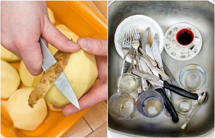 Грязную посуду нужно хорошо натереть картофельными очистками
