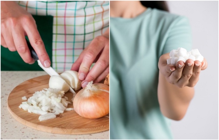 После того, как нарезали лук, смажьте мокрые руки сахаром