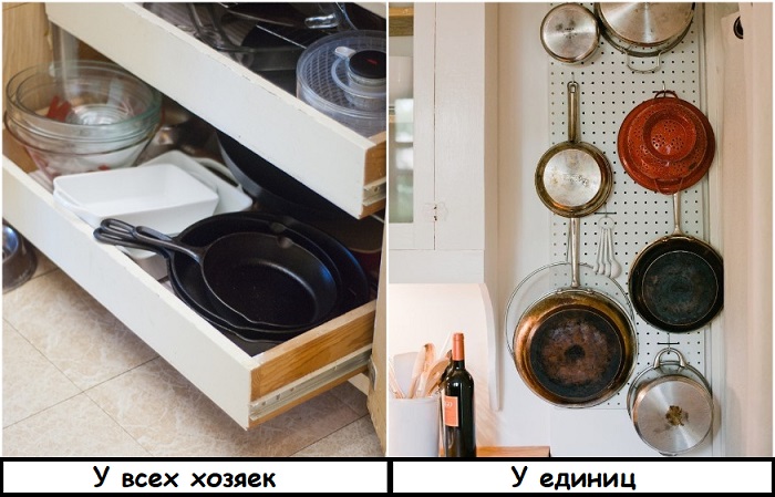 Храните сковородки не в ящике, а на перфорированной панели