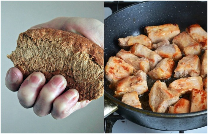 Положите в сковороду с мясом корочку хлеба