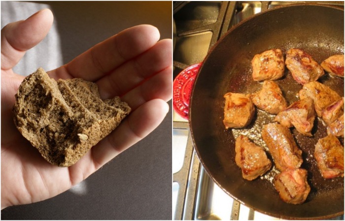 Положите кусочек хлеба в сковороду с мясом