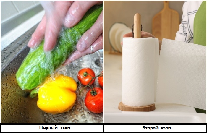 После мытья сушите овощи бумажным полотенцем После мытья сушите овощи бумажным полотенцем