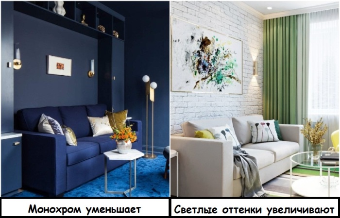 Синий цвет визуально уменьшает комнату, а светлые оттенки - увеличивают