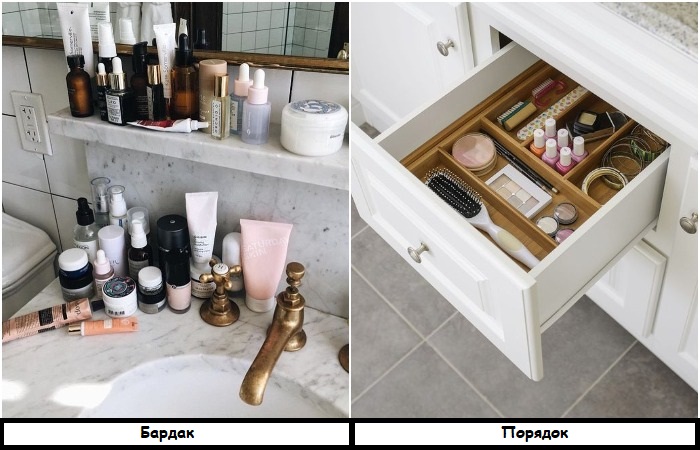 Храните косметику в ящике, а не на раковине Храните косметику в ящике, а не на раковине