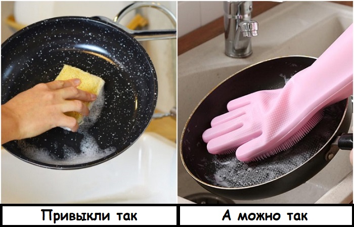 В перчатках удобнее и эффективнее мыть сковороду